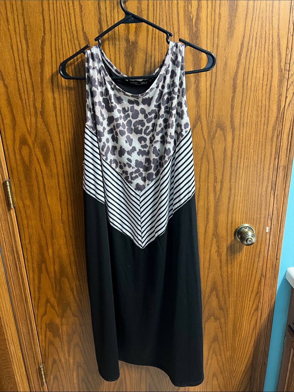 Sleeveless Black Midi Dress with Leopard & Striped Chevron Bodice